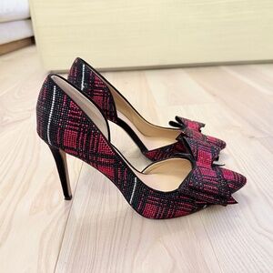 INC RED BEDAZLLED PLAID BOW PUMP SIZE 8